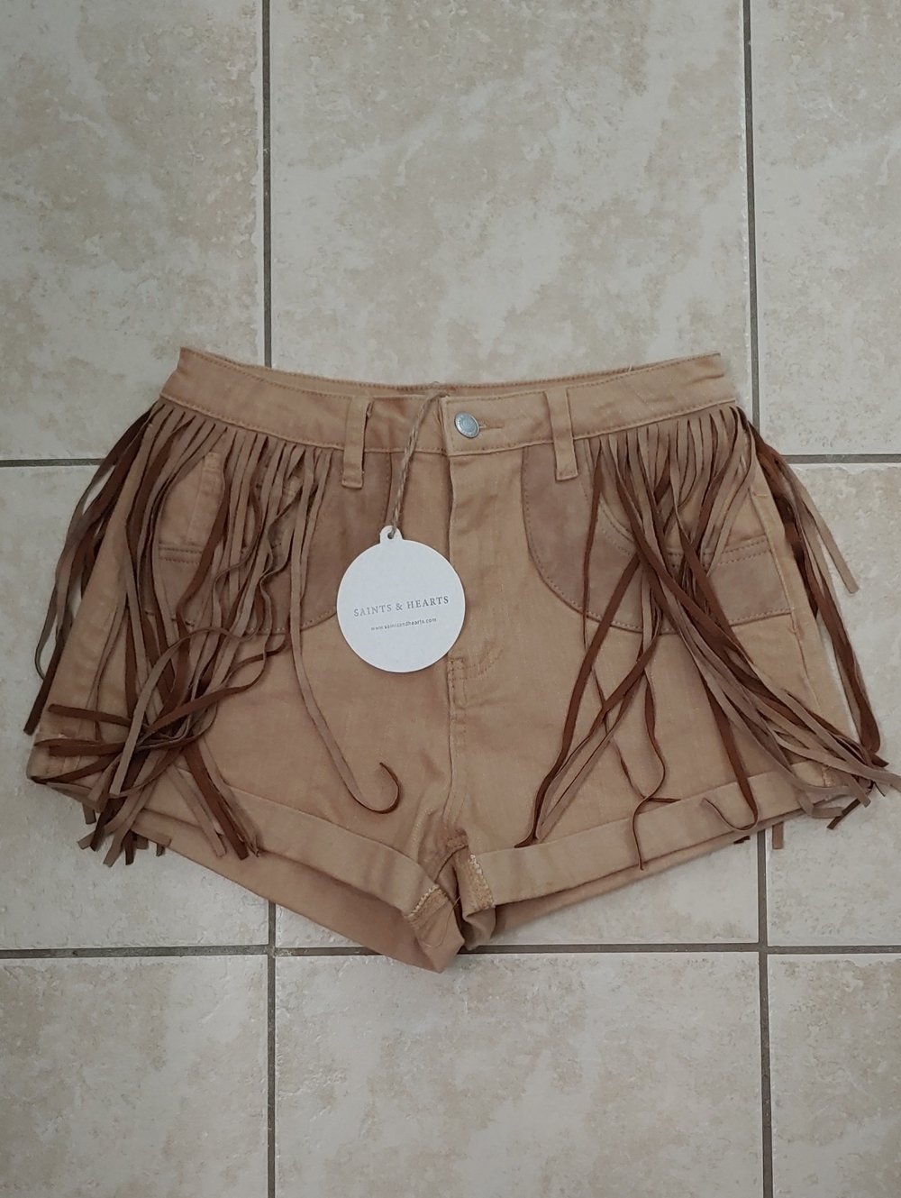 Saints & Hearts Shorts Tan Suede Fringe Western Denim NWT Women's Size M/26